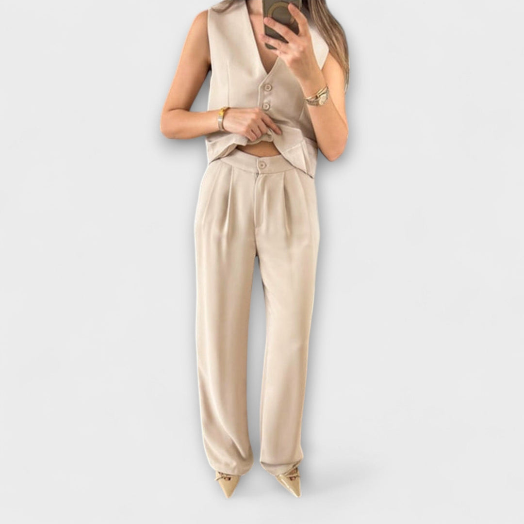 Hazel - Schickes einfarbiges V-Ausschnitt-Westen- und Hosen-Zwei-Teile-Ensemble