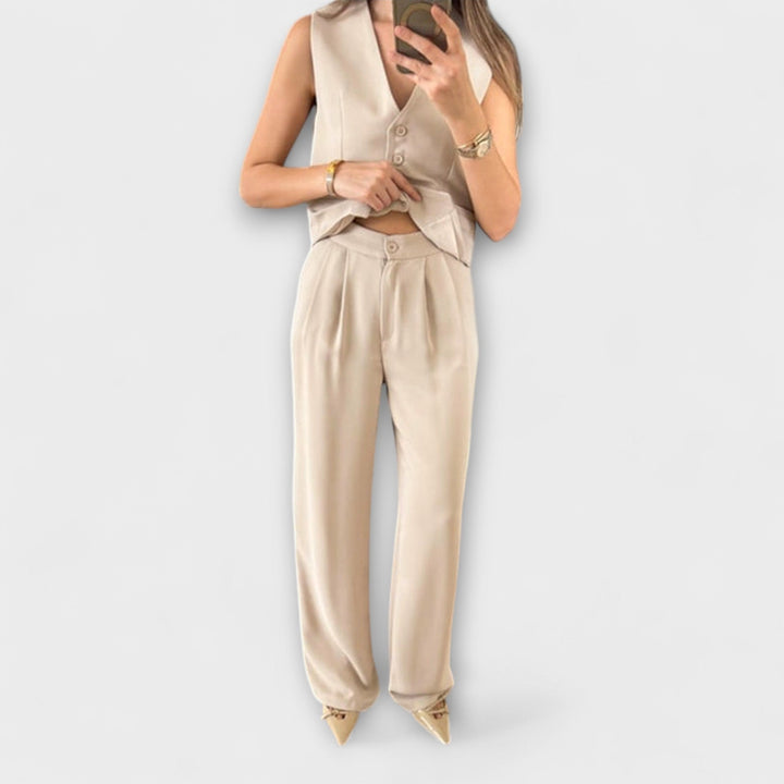 Hazel - Schickes einfarbiges V-Ausschnitt-Westen- und Hosen-Zwei-Teile-Ensemble