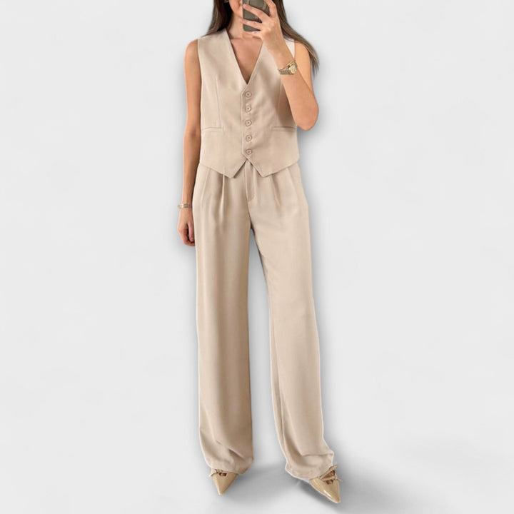 Hazel - Schickes einfarbiges V-Ausschnitt-Westen- und Hosen-Zwei-Teile-Ensemble