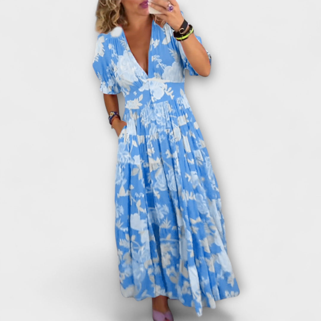 Catrisa - Floral Print V-Ausschnitt Taschenkleid