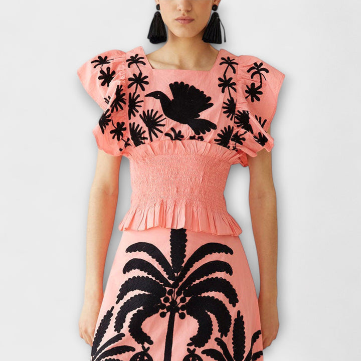 Amy - Schickes Palmbaum- und tropisches Vogel-Print Tanktop