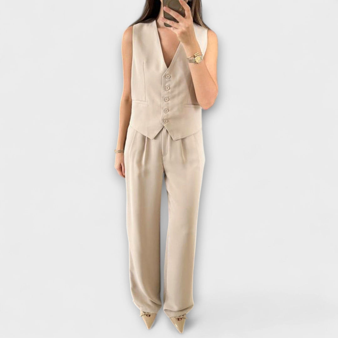 Hazel - Schickes einfarbiges V-Ausschnitt-Westen- und Hosen-Zwei-Teile-Ensemble