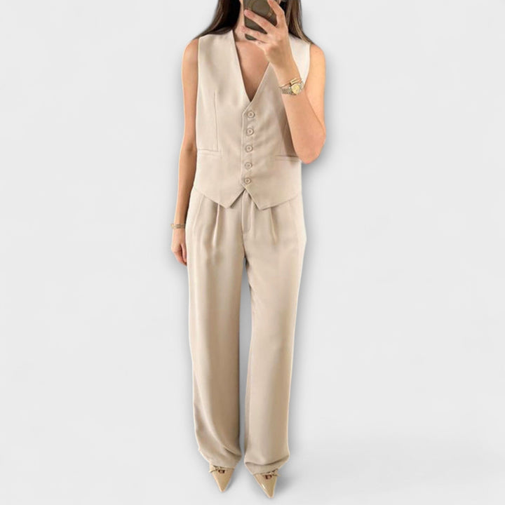 Hazel - Schickes einfarbiges V-Ausschnitt-Westen- und Hosen-Zwei-Teile-Ensemble