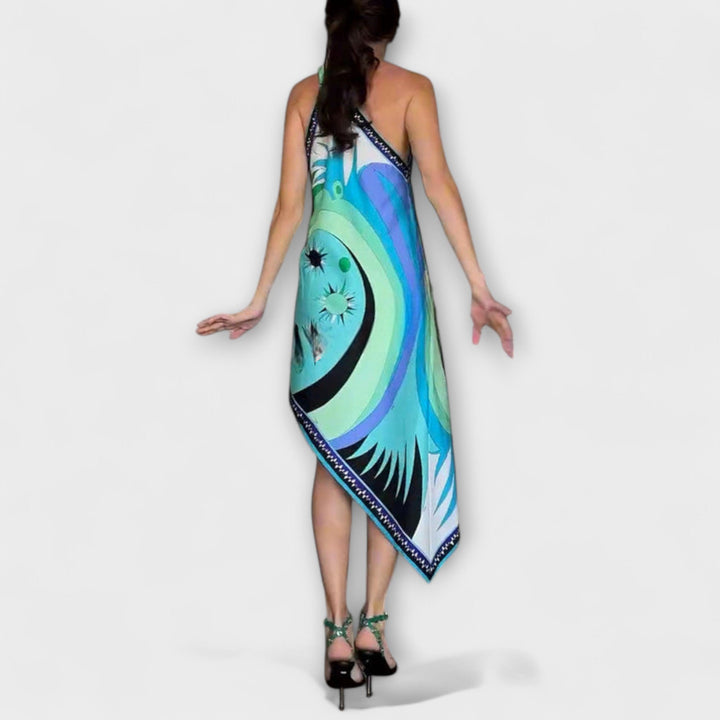 Esme - Einzigartiges Print Satin-Midi-Kleid mit asymmetrischem Saum
