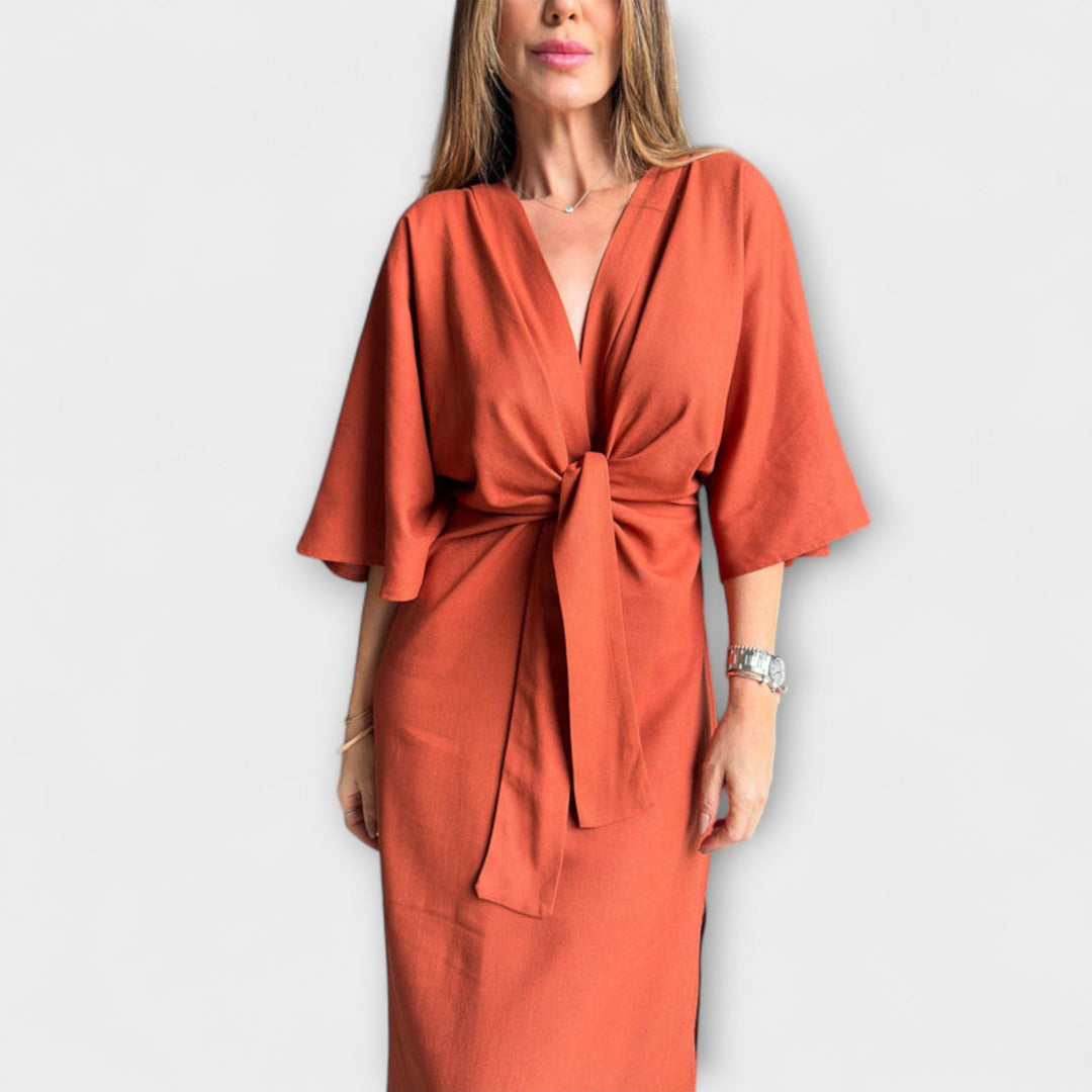 Holly - Lässiges V-Ausschnitt Kleid aus Baumwolle-Leinen mit Schnürung
