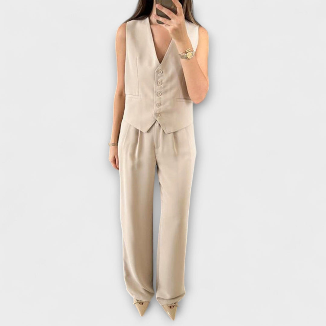 Hazel - Schickes einfarbiges V-Ausschnitt-Westen- und Hosen-Zwei-Teile-Ensemble
